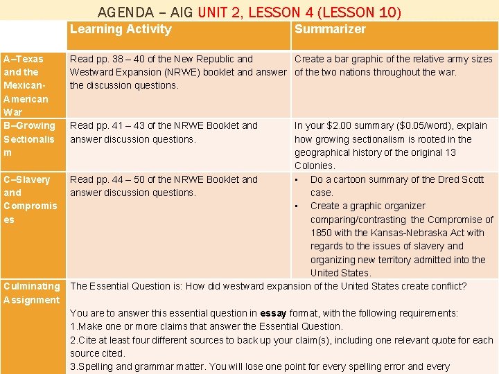 AGENDA – AIG UNIT 2, LESSON 4 (LESSON 10) Learning Activity A–Texas and the