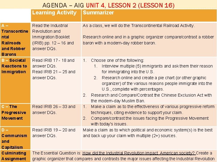 AGENDA – AIG UNIT 4, LESSON 2 (LESSON 16) Learning Activity Summarizer A– Transcontine