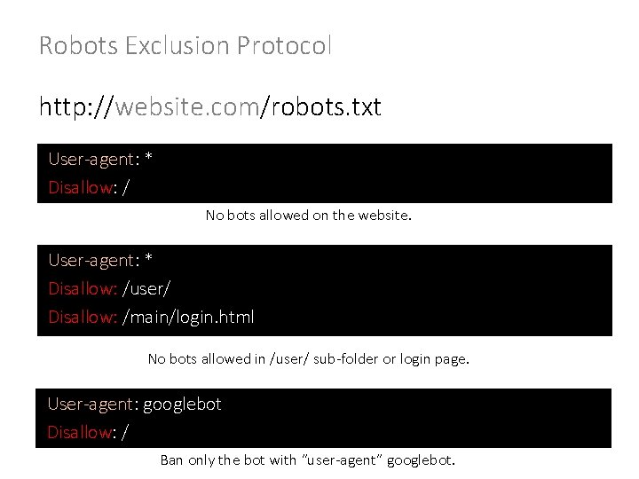 Robots Exclusion Protocol http: //website. com/robots. txt User-agent: * Disallow: / No bots allowed