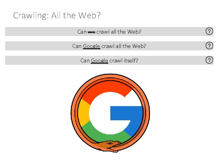 Crawling: All the Web? Can we crawl all the Web? Can Google crawl itself?