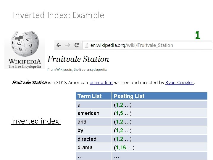 Inverted Index: Example 1 Fruitvale Station is a 2013 American drama film written and