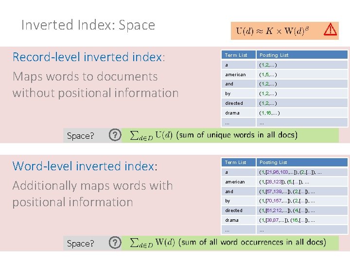 Inverted Index: Space Record-level inverted index: Maps words to documents without positional information Term