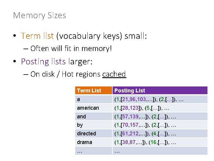 Memory Sizes • Term list (vocabulary keys) small: – Often will fit in memory!