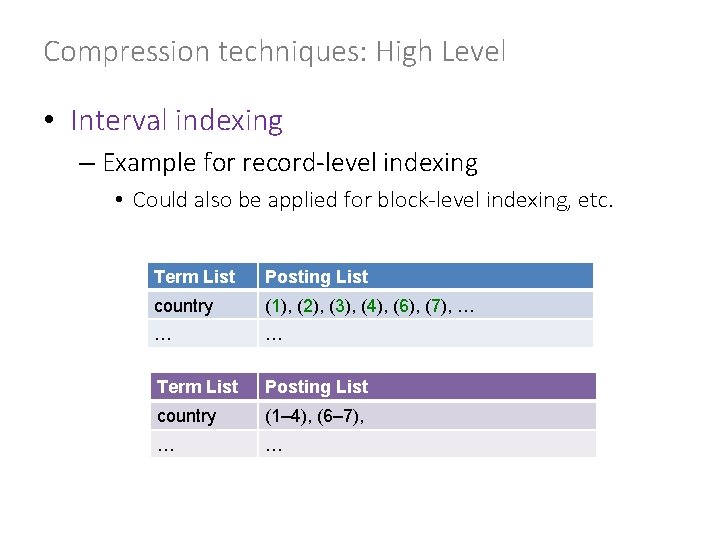 Compression techniques: High Level • Interval indexing – Example for record-level indexing • Could