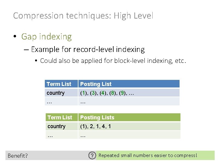 Compression techniques: High Level • Gap indexing – Example for record-level indexing • Could