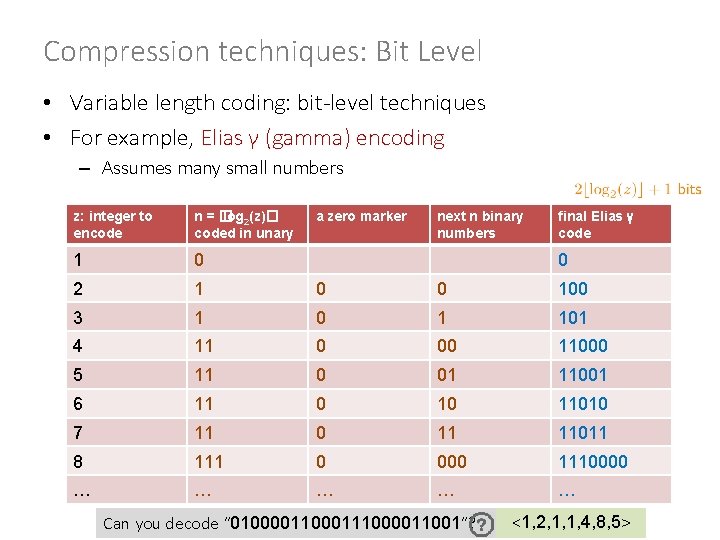 Compression techniques: Bit Level • Variable length coding: bit-level techniques • For example, Elias