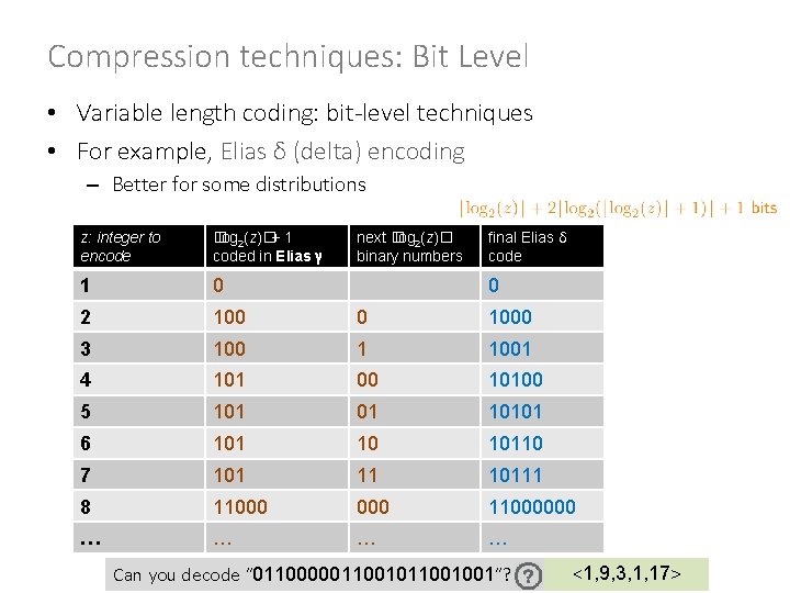 Compression techniques: Bit Level • Variable length coding: bit-level techniques • For example, Elias
