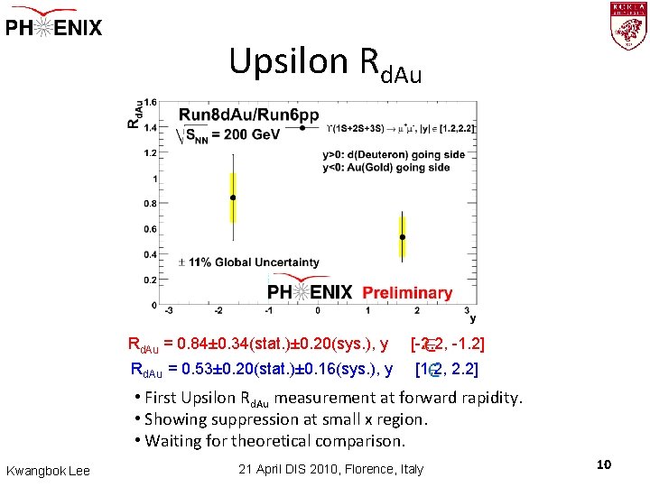 Upsilon Rd. Au = 0. 84± 0. 34(stat. )± 0. 20(sys. ), y [-2.