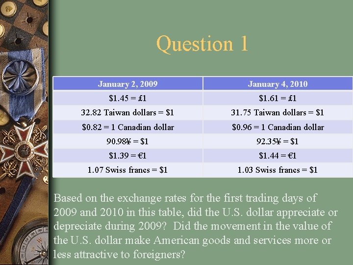 Question 1 January 2, 2009 January 4, 2010 $1. 45 = £ 1 $1.