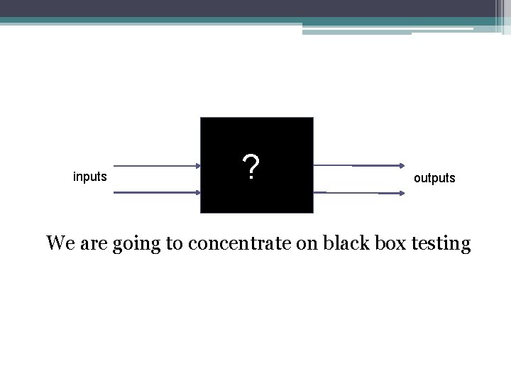 inputs ? outputs We are going to concentrate on black box testing 