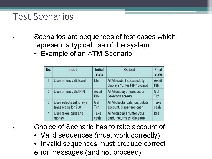 Test Scenarios • Scenarios are sequences of test cases which represent a typical use