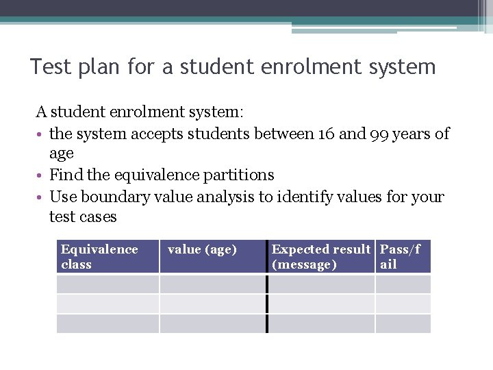 Test plan for a student enrolment system A student enrolment system: • the system