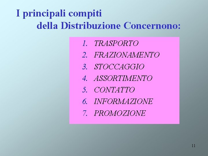 I principali compiti della Distribuzione Concernono: 1. 2. 3. 4. 5. 6. 7. TRASPORTO