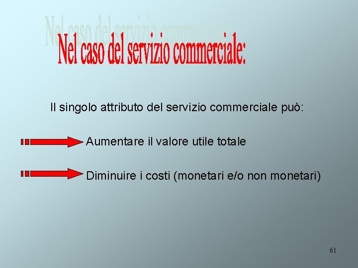 Il singolo attributo del servizio commerciale può: Aumentare il valore utile totale Diminuire i