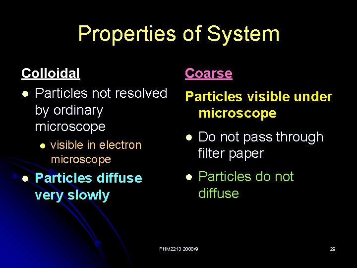 Properties of System Colloidal l Particles not resolved by ordinary microscope l l visible