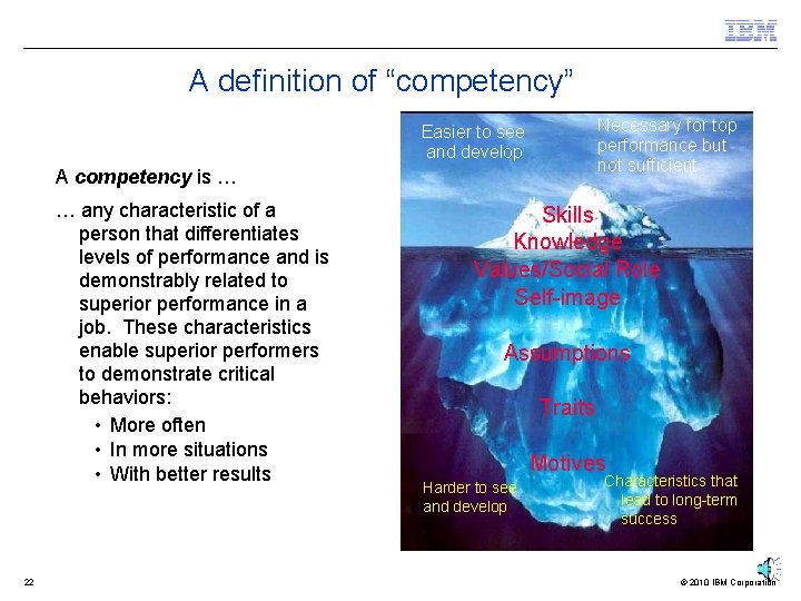 A definition of “competency” Necessary for top performance but not sufficient Easier to see