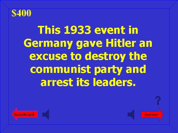 $400 This 1933 event in Germany gave Hitler an excuse to destroy the communist