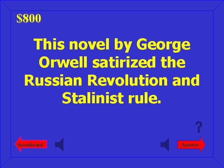 $800 This novel by George Orwell satirized the Russian Revolution and Stalinist rule. Scoreboard