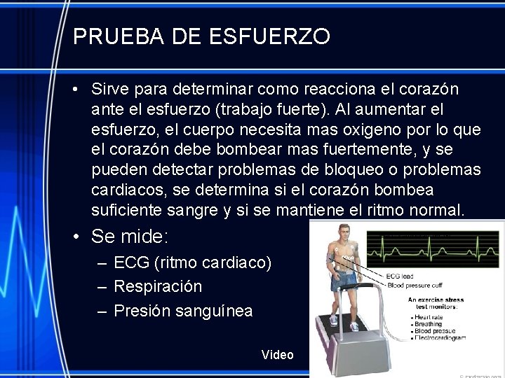 PRUEBA DE ESFUERZO • Sirve para determinar como reacciona el corazón ante el esfuerzo