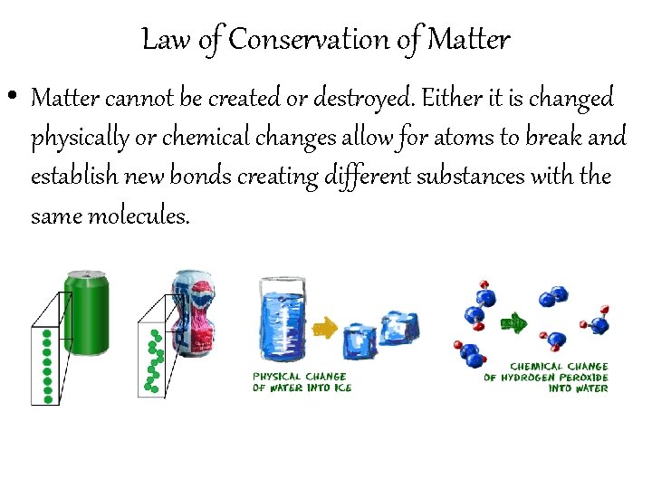 Law of Conservation of Matter • Matter cannot be created or destroyed. Either it