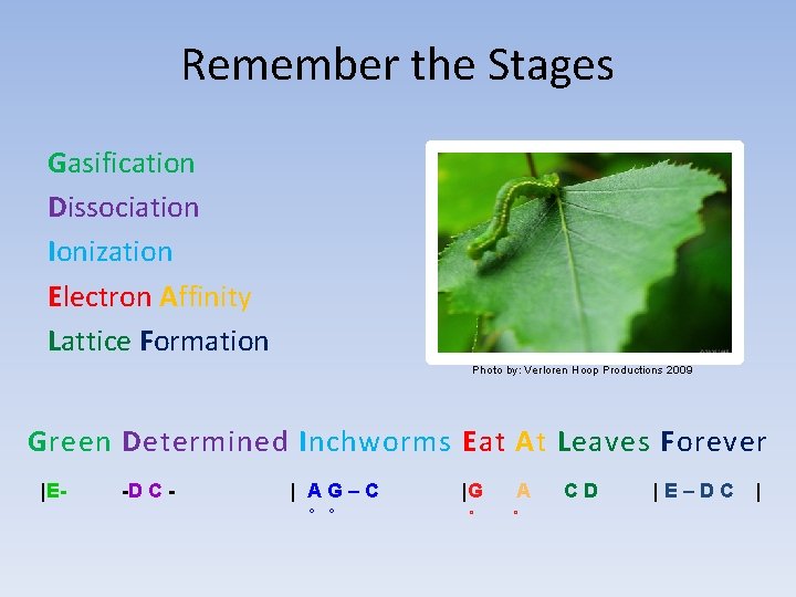 Remember the Stages Gasification Dissociation Ionization Electron Affinity Lattice Formation Photo by: Verloren Hoop