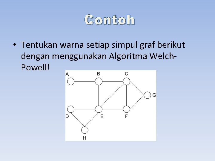 Contoh • Tentukan warna setiap simpul graf berikut dengan menggunakan Algoritma Welch. Powell! 