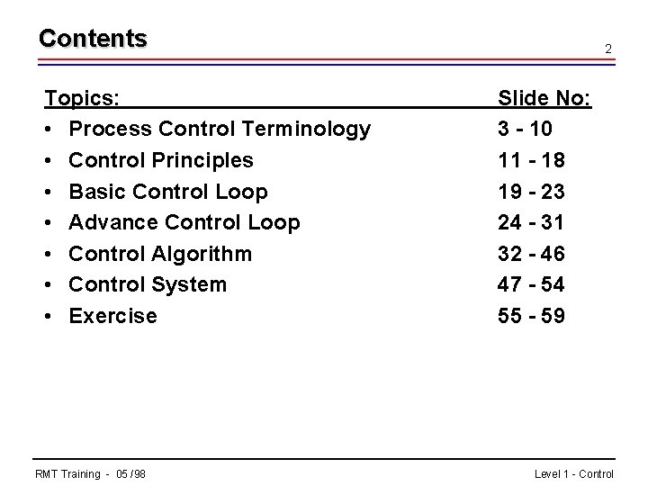 Contents Topics: • Process Control Terminology • Control Principles • Basic Control Loop •