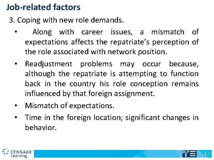 Job-related factors 3. Coping with new role demands. • Along with career issues, a