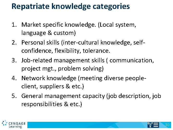 Repatriate knowledge categories 1. Market specific knowledge. (Local system, language & custom) 2. Personal
