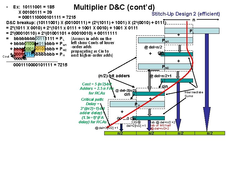  • Multiplier D&C (cont’d) Ex: 10111001 = 185 X 00100111 = 39 Stitch-Up