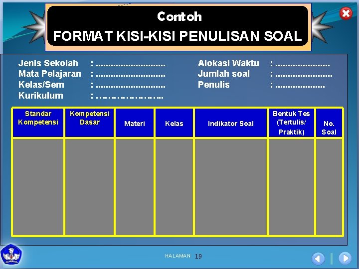 Contoh FORMAT KISI-KISI PENULISAN SOAL Jenis Sekolah Mata Pelajaran Kelas/Sem Kurikulum Standar Kompetensi :