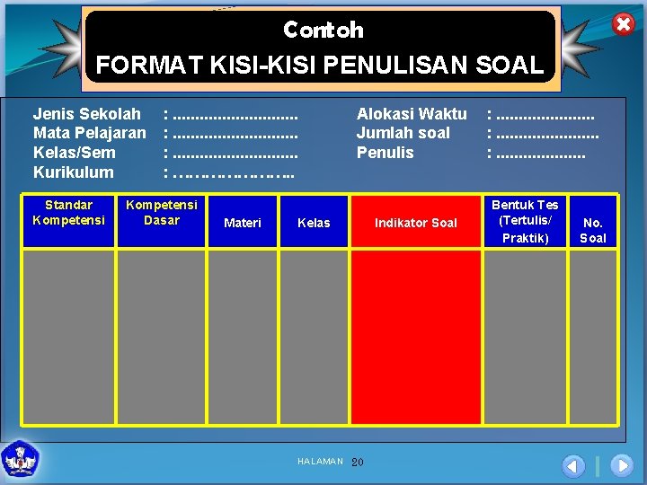 Contoh FORMAT KISI-KISI PENULISAN SOAL Jenis Sekolah Mata Pelajaran Kelas/Sem Kurikulum Standar Kompetensi :