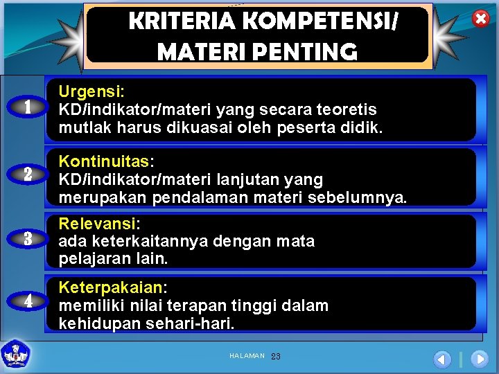 KRITERIA KOMPETENSI/ MATERI PENTING 1 Urgensi: KD/indikator/materi yang secara teoretis mutlak harus dikuasai oleh