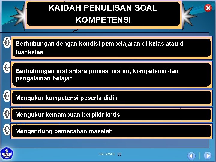 KAIDAH PENULISAN SOAL KOMPETENSI 1 Berhubungan dengan kondisi pembelajaran di kelas atau di luar