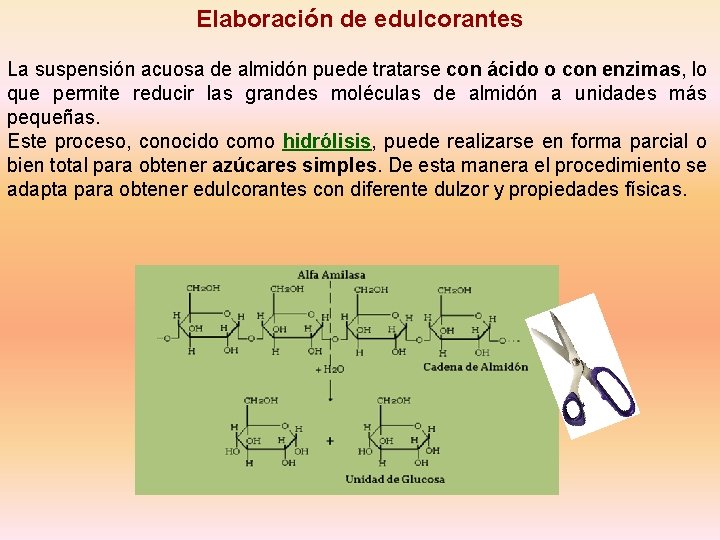 Elaboración de edulcorantes La suspensión acuosa de almidón puede tratarse con ácido o con Elaboración de edulcorantes La suspensión acuosa de almidón puede tratarse con ácido o con