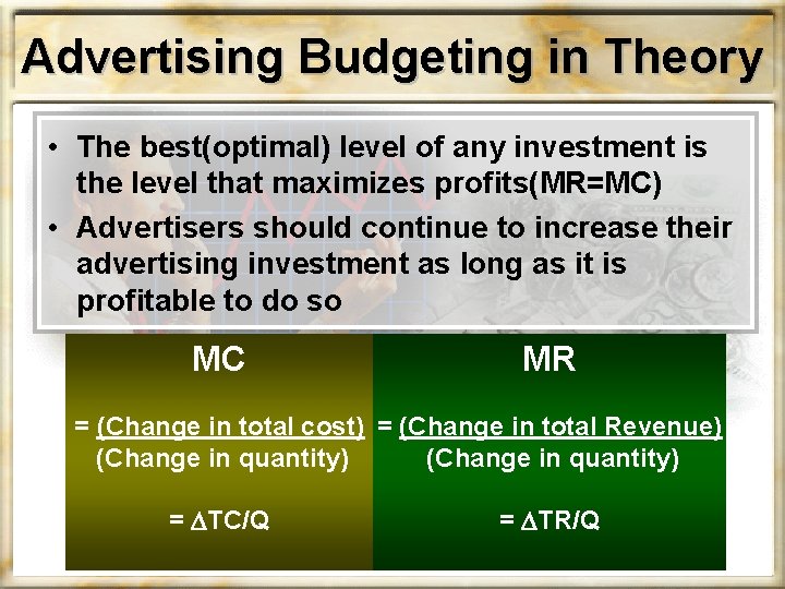 Advertising Budgeting in Theory • The best(optimal) level of any investment is the level