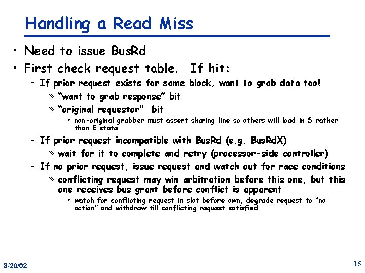 Handling a Read Miss • Need to issue Bus. Rd • First check request