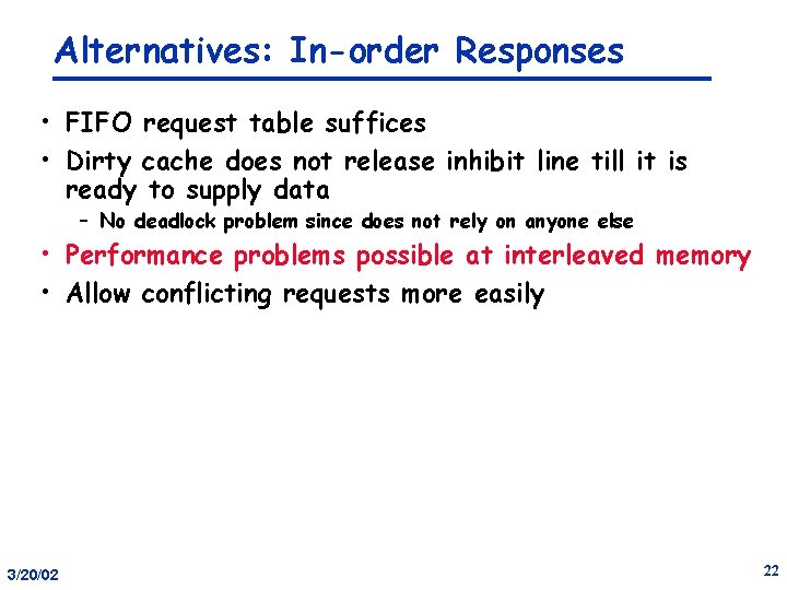 Alternatives: In-order Responses • FIFO request table suffices • Dirty cache does not release