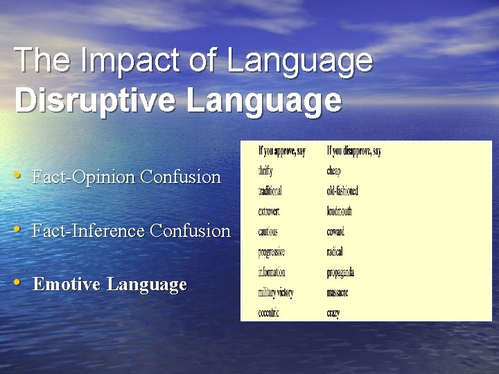 The Impact of Language Disruptive Language • Fact-Opinion Confusion • Fact-Inference Confusion • Emotive