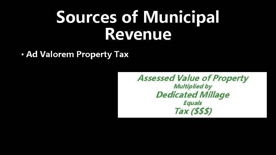 Sources of Municipal Revenue • Ad Valorem Property Tax Assessed Value of Property Multiplied