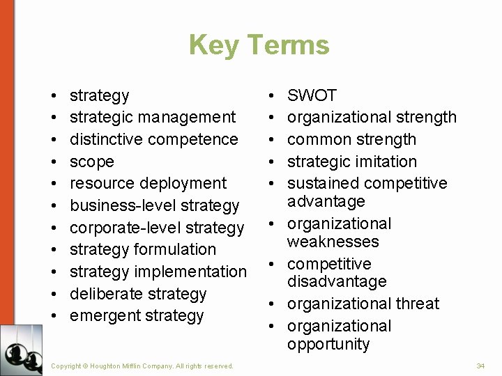 Key Terms • • • strategy strategic management distinctive competence scope resource deployment business-level Key Terms • • • strategy strategic management distinctive competence scope resource deployment business-level