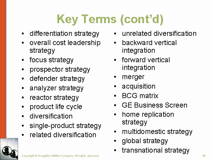 Key Terms (cont’d) • differentiation strategy • overall cost leadership strategy • focus strategy Key Terms (cont’d) • differentiation strategy • overall cost leadership strategy • focus strategy
