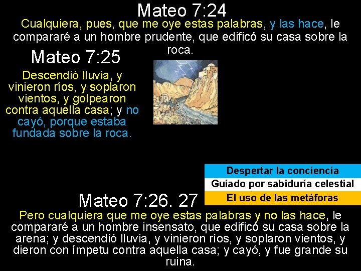 Mateo 7: 24 Cualquiera, pues, que me oye estas palabras, y las hace, le