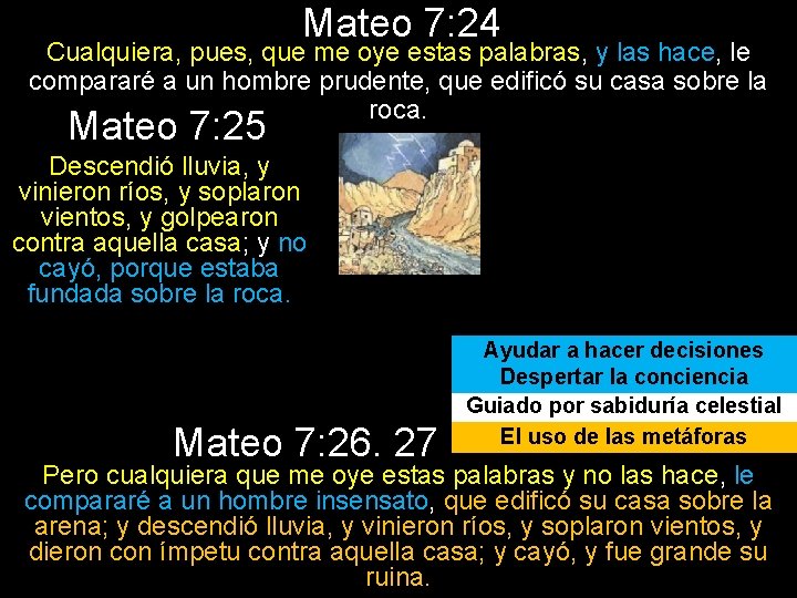 Mateo 7: 24 Cualquiera, pues, que me oye estas palabras, y las hace, le