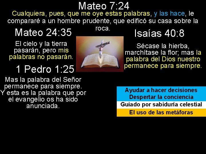 Mateo 7: 24 Cualquiera, pues, que me oye estas palabras, y las hace, le