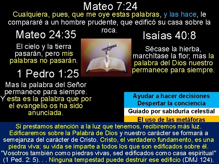 Mateo 7: 24 Cualquiera, pues, que me oye estas palabras, y las hace, le