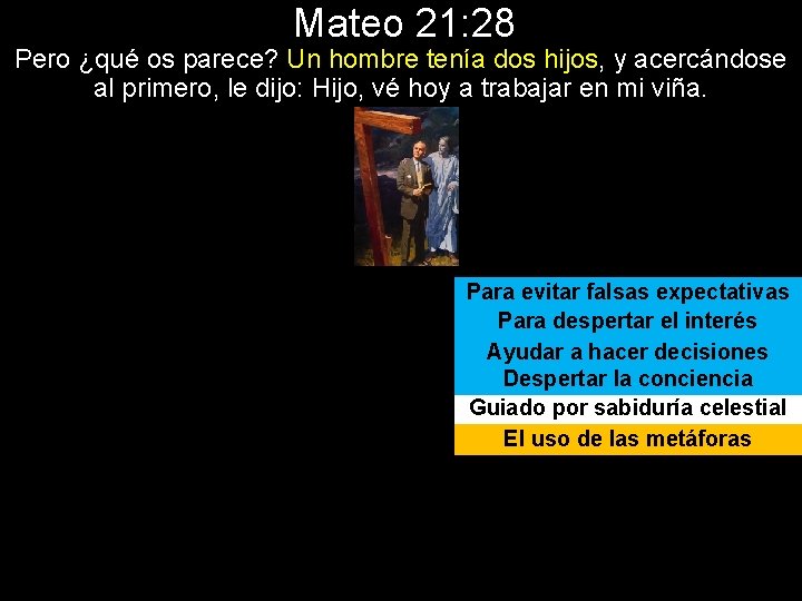 Mateo 21: 28 Pero ¿qué os parece? Un hombre tenía dos hijos, y acercándose