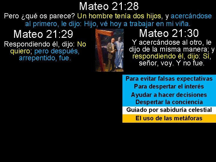 Mateo 21: 28 Pero ¿qué os parece? Un hombre tenía dos hijos, y acercándose