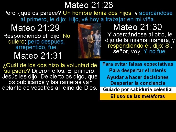 Mateo 21: 28 Pero ¿qué os parece? Un hombre tenía dos hijos, y acercándose