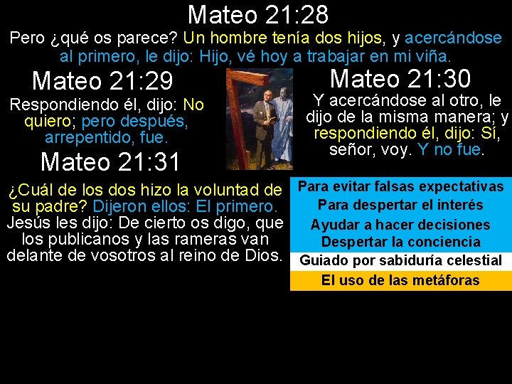 Mateo 21: 28 Pero ¿qué os parece? Un hombre tenía dos hijos, y acercándose